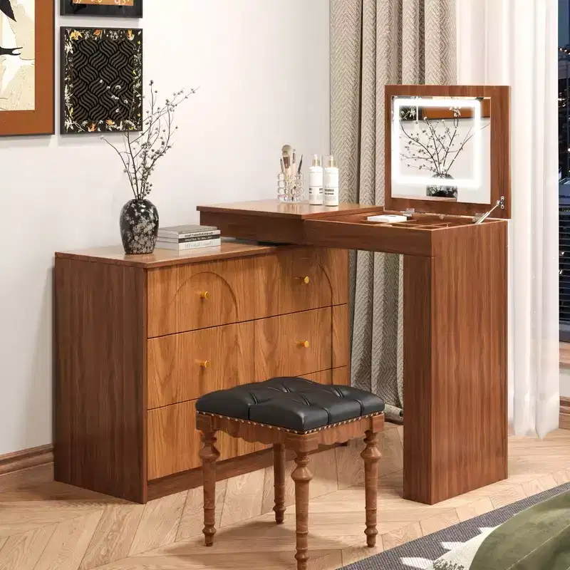 Whisen Convertible Vanity Desk with Flip-Top Mirror, 6 Drawers, 9 Compartments & L-Shaped, Straight Layout