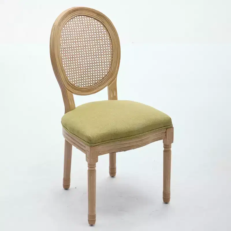 CLIHOME Set of 2 French Style Solid Wood Frame Antique Painting Linen Fabric Rattan Back Dining Chair