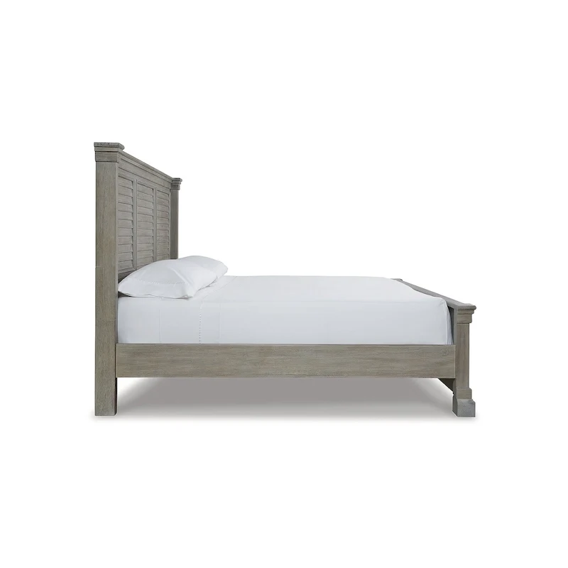 Queen Panel Bed, Glazed Bisque Wire-Brushed Finish, Louvered Headboard, Wood & Veneer, Traditional Style
