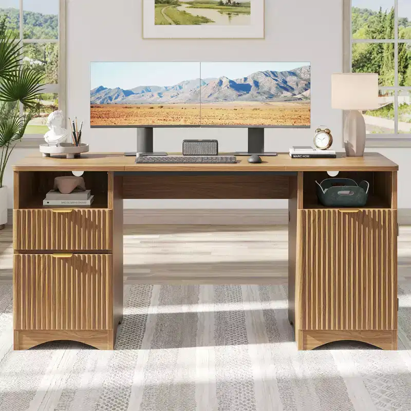 Bestier 59Modern Executive Desk with Storage,Wood Home Office Desk with 2 Drawers & 3 Cabinet,Fluted Writing Desk for Study & Living Room