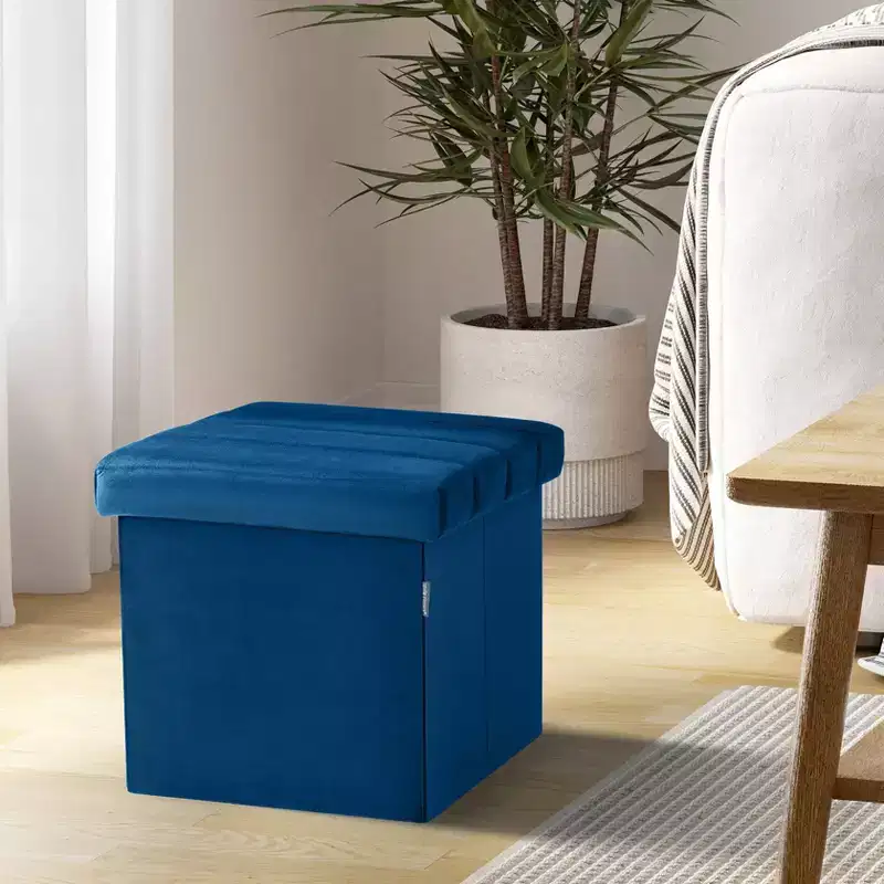 Blue Velvet Cushioned Accent Storage Ottoman, 15.7