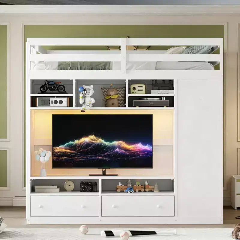 Luxystar Modern Loft Bed With Arrmoire, Lighted TV Stand Entertainment Center, Shelves and 2 Drawers