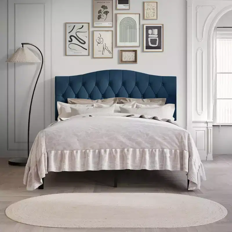 Linen Platform Bed with Button Tufted Camelback Headboard