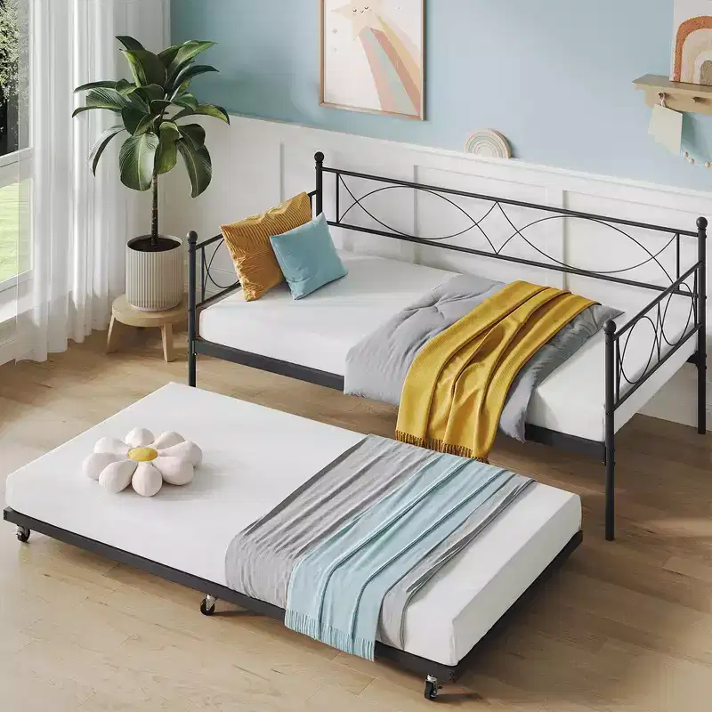 Trundle Daybed Set  Twin Daybed with Trundle, Metal Sofa Bed Frame with Steel Slat Support  Multifunctional Daybed for Bedroom, Guest Room