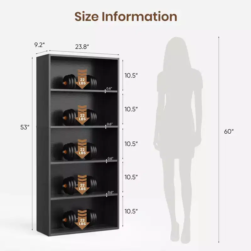 5 Shelf Bookcase - Large 53 Inch Tall Floor Standing Bookshelf