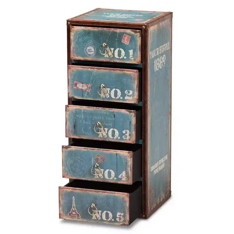 5 Drawer Alba Wood Accent Storage Chest Blue - Baxton Studio: Parisian Vintage, Brass Ring Pulls, MDF