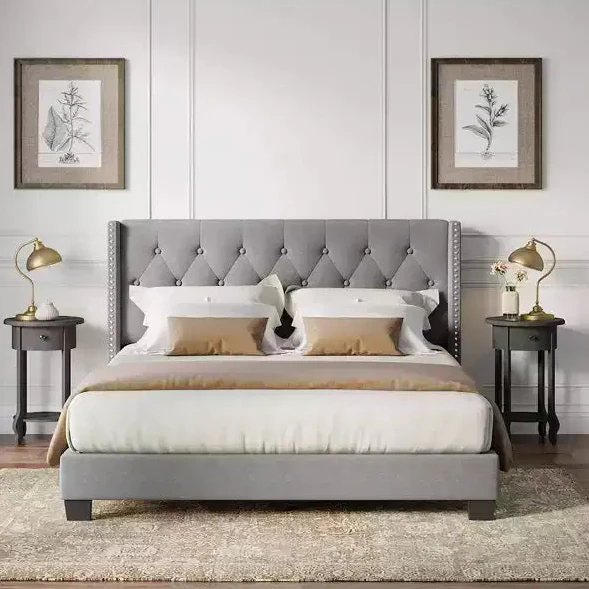 Tufted Wingback Upholstered Platform Bed with Linen Fabric, Full/Queen