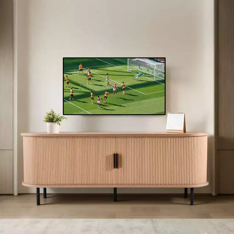 TV Stand, Boho Entertainment Center for TVs up to 58 in, 350 lbs Load, Adjustable Storage Shelves and Rolling Door, Wood Color
