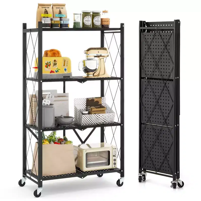 Costway 4-tier Foldable Storage Shelving Unit w/4 Universal Wheels for Kitchen Study