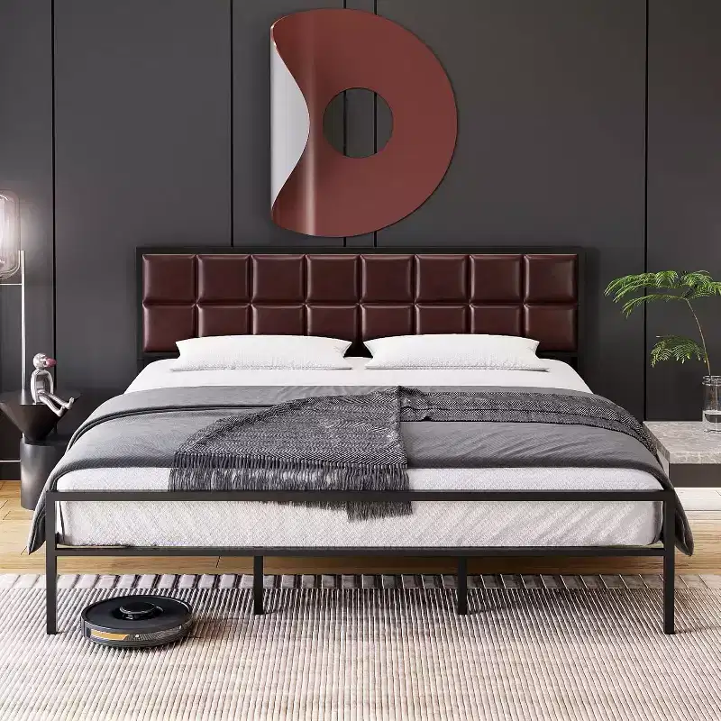 Upholstered Metal Bed Frame with Square-Stitched Headboard, Faux Leather Platform Bed with Steel Slats Support, Box Spring Optional, Red Brown