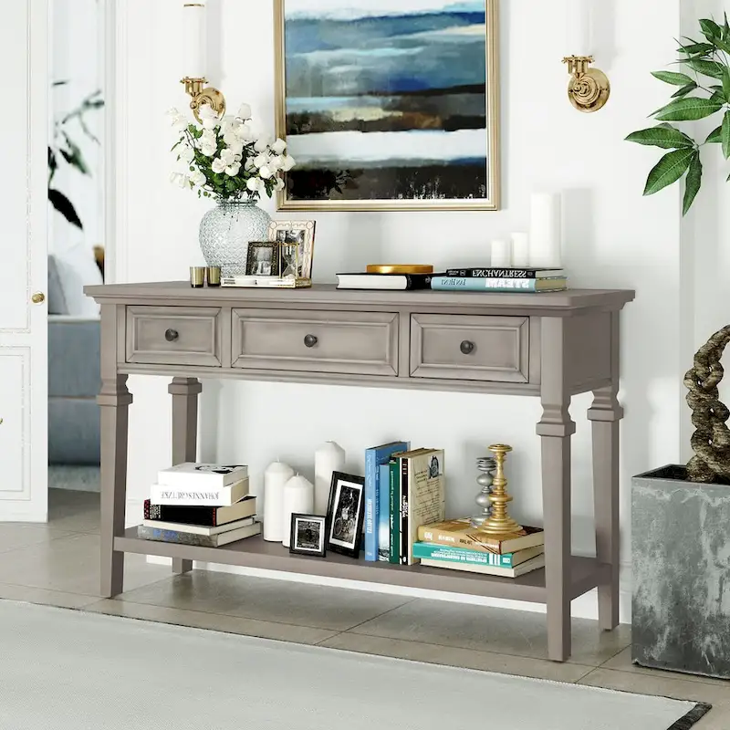 Retro Console Table with 3 Drawers and Bottom Shelf