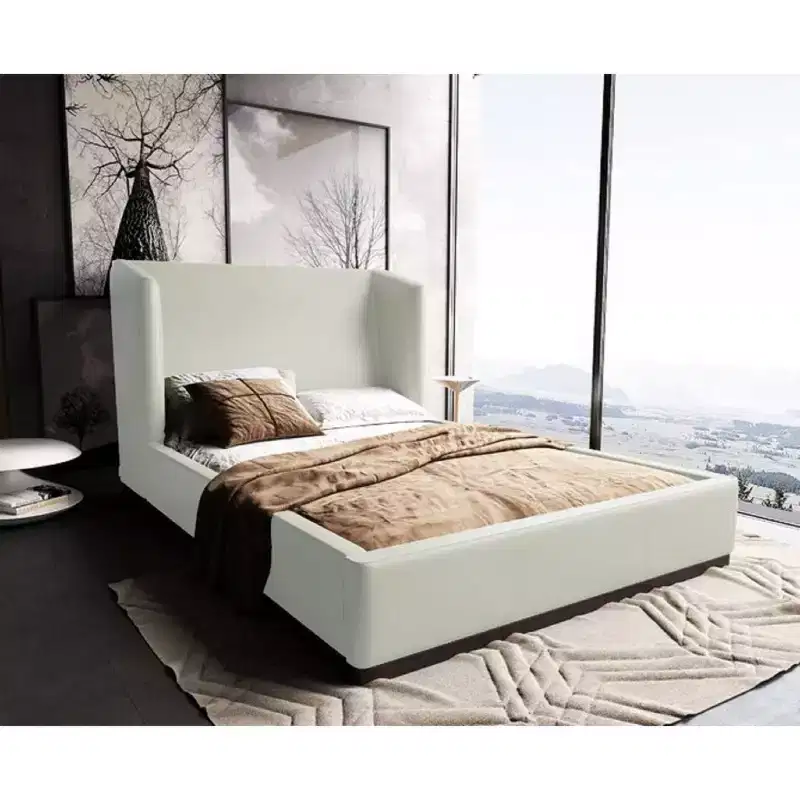 Manhattan Comfort Queen Lenyx Upholstered Bed Cream: Faux Leather, Platform, No Box Spring Needed