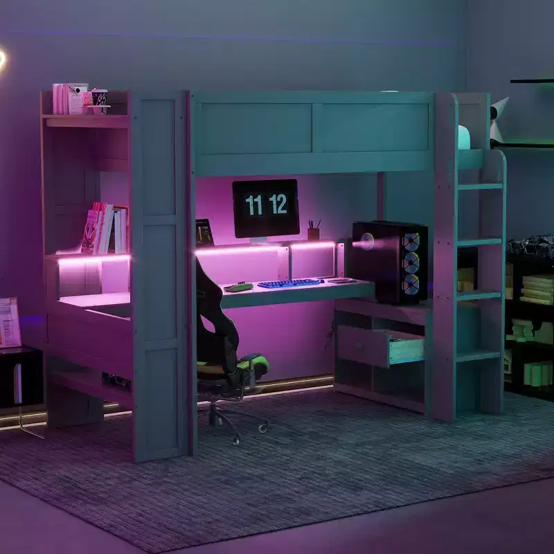 Whisen 87.1''L x 49.4''W Wood Gaming Loft Bed with Desk, Multi-storage Shelves, LED and Charging Station