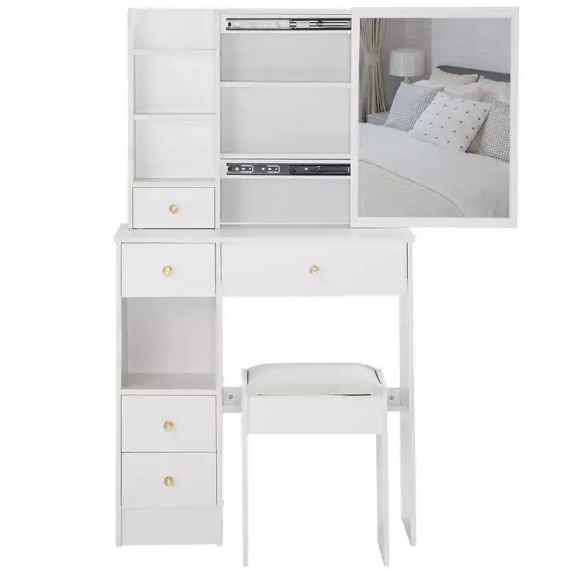 Small Size Left Drawer Desktop Dressing Dressing Table + Cushioned Stool, Extra Large Sliding Mirror