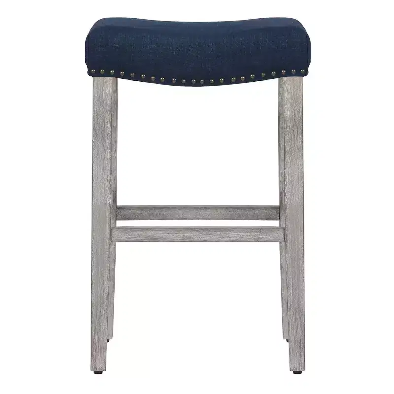 WestinTrends 29 Upholstered Saddle Seat Bar Stool (Set of 2), Antique Gray/Navy Blue