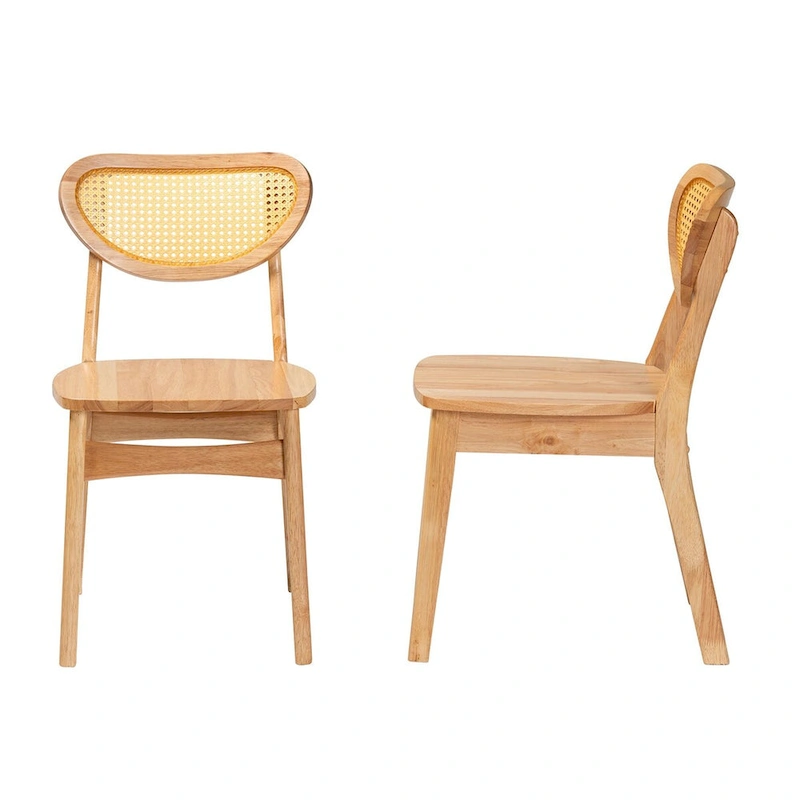 Nenet Mid-Century Modern Oak Brown Finished Wood and Rattan 2-Piece Dining Chair Set