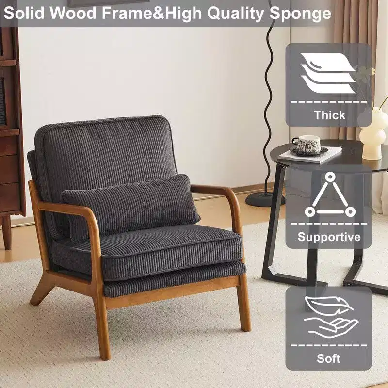 Mid Century Solid Wood Accent Chair Upholstered Armchair with an Extra Pillow