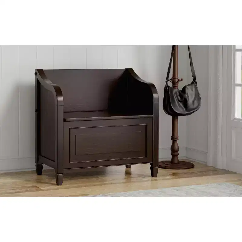 Small Entryway Storage Bench, Solid Wood with Lift-Up Lid, Dark Chestnut Brown