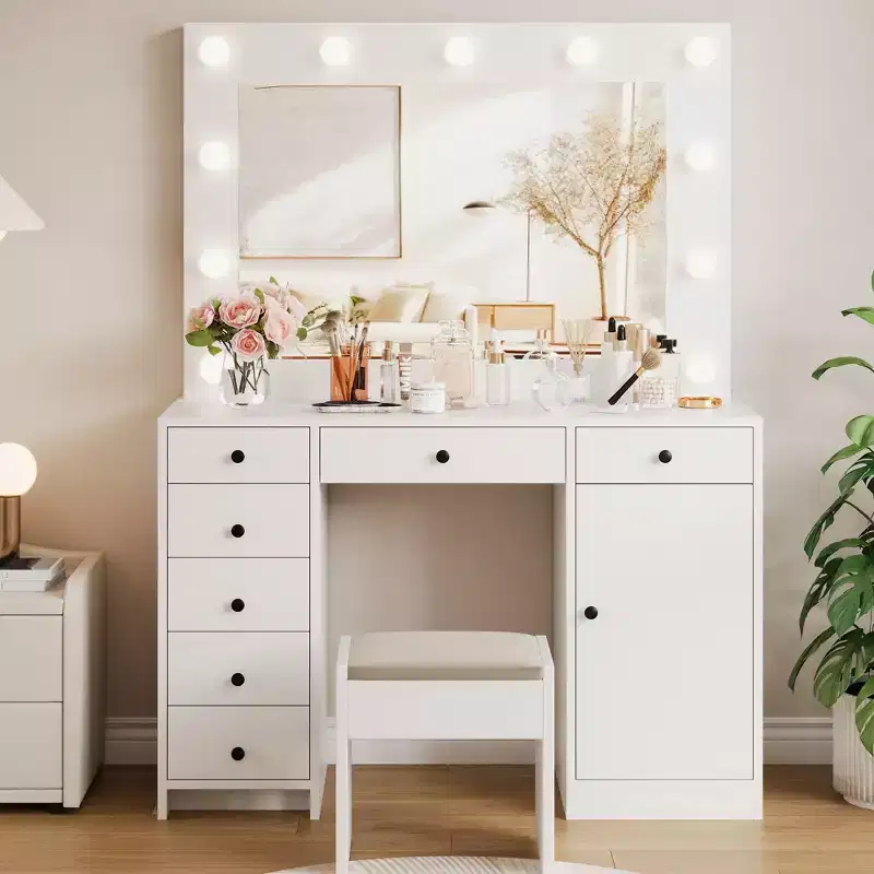 55 Makeup Vanity Desk with Mirror and Lights, Large Wooden Dressing Table with 7 Drawers & Cabinet, Modern Makeup Vanity Table for Bedroom