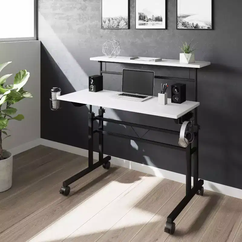 Rolling Writing Desk with Height Adjustable Desktop, Movable Shelf, Locking Wheels, Cup Holder and Headphone Holder for Office