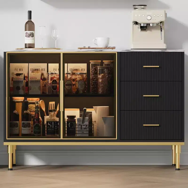 Sideboard Buffet Cabinet with 3 Drawers & Glass Doors | Faux Marble Top Storage Cabinet
