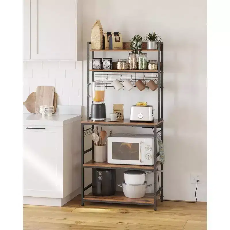 Baker's Rack with Power Outlet, 14 Hooks, Adjustable Microwave Stand & Metal Wire Panel