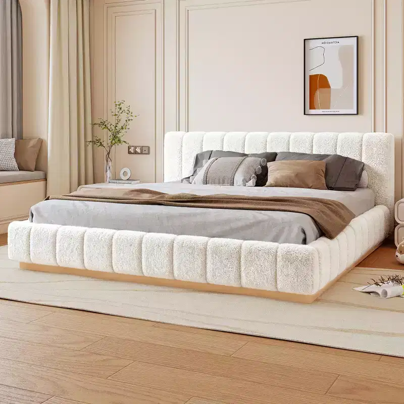 Queen/King Platform Bed Frame – Boucle Upholstered Low Profile Design