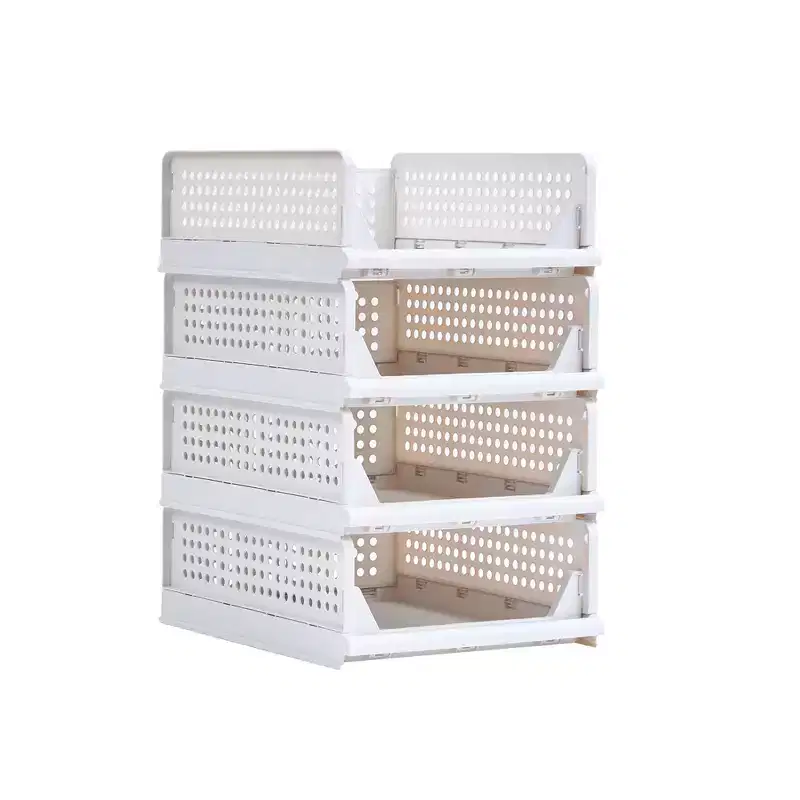 4-Tier Plastic Closet Shelf Organizer, Stackable Sweater Storage Closet Drawers, Foldable Wardrobe Organizer, Gray