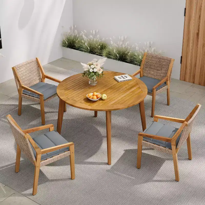 Christopher Knight Home Neva 5 Piece Outdoor Dining Set with Acacia Wood Table and Wicker Chairs