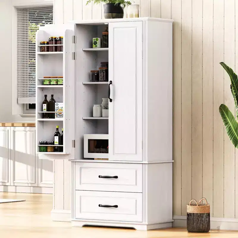 Stylish 71 Farmhouse Kitchen Pantry Cabinet - 2 Large Drawers, Embossed Texture 8 Door Shelves 3 Cabinet Shelves for Kitchen, Dining