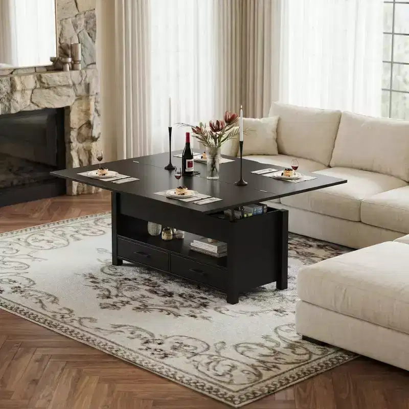 40 Inch Lift Top Coffee Table, Multi-Function Convertible Table with Drawers & Hidden Compartment for Living Room and Dining Use
