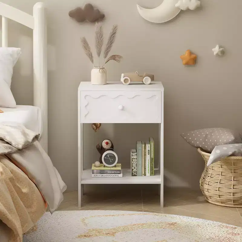 Modern Nightstand Drawer Storage Wave Front Solid Wood (W808P389335)