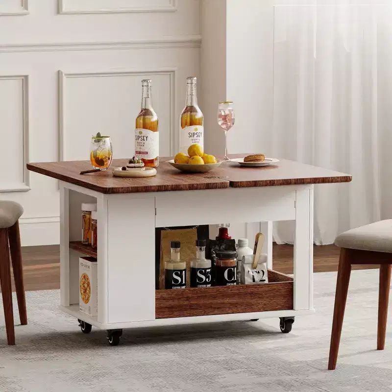 JVNOXK 27.6-inch Modern Multifunctional Coffee Table, Multi-Tier Storage Side Table with Foldable Top and Smooth Casters, White and Walnut