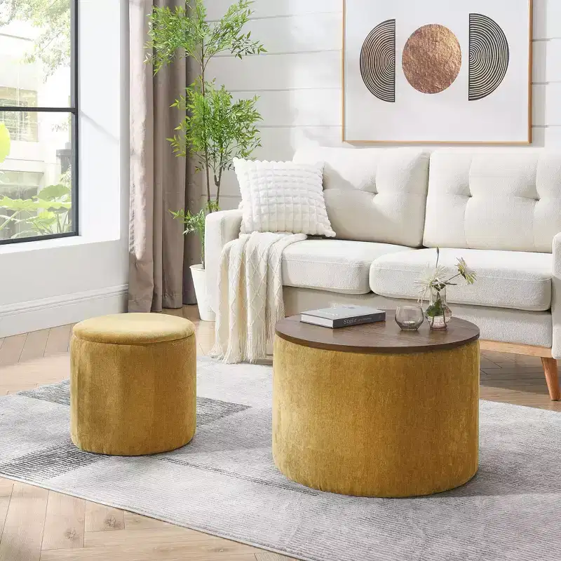Round Chenille Storage Ottoman Bench 2PC, Coffee Table with Desktop Panel, Drum Shaped Small Stool Foot Rest for Living Room Bedroom