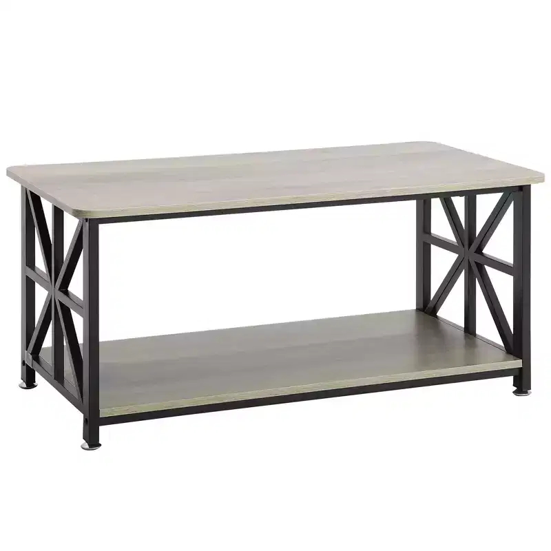 VEVOR 40 Farmhouse Coffee Table, Rectangle Coffee Table with Open Storage Compartment, Wooden Rustic Cocktail Table, Brown & Black