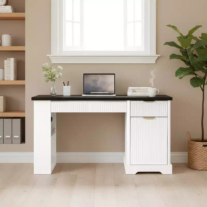 JVNOXK 55 Inch Modern Office Desk with Storage Cabinet and Drawers, Power Outlets, Pegboard, Built-in Shelves and Keyboard Tray, White