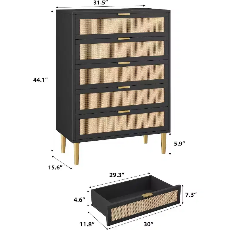 Rattan 5 Drawer Dresser 44 Tall Narrow Chest, Black Farmhouse Wooden Vertical Dresser with Metal Legs & Handles for Bedroom & Living Room
