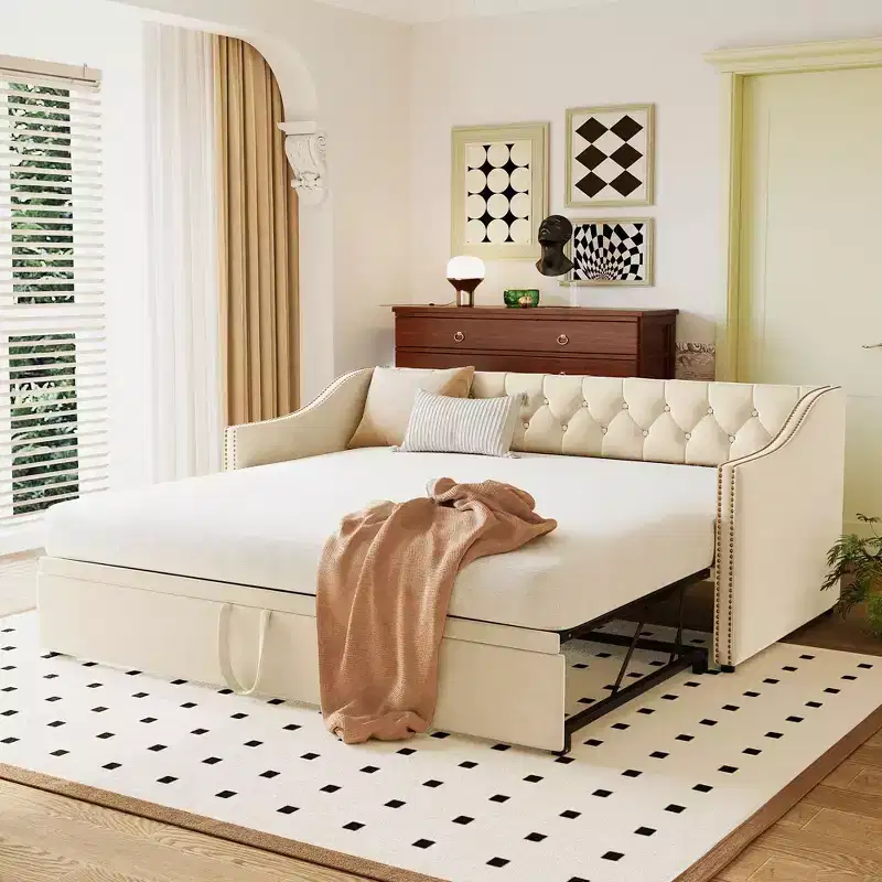Okak Twin Size Daybed with Pop Up Trundle Upholstered Bed Sofa Bed Frame with Backrest for Living Room Bedroom Guest Room