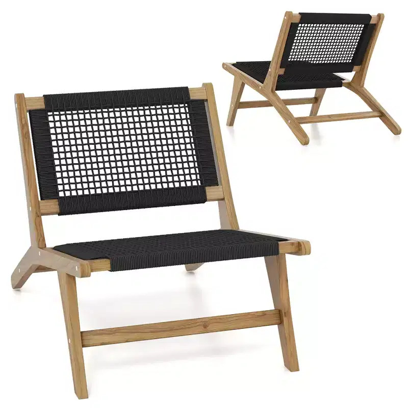 Costway Mid Century Modern Teak Wooden w/ Handwoven Cordage Seat & Backrest for Patio