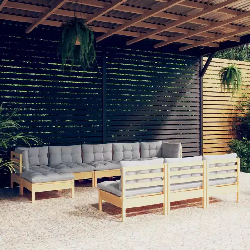vidaXL Solid Pinewood Patio Lounge Set 10 Piece with Cushions - Brown and Gray