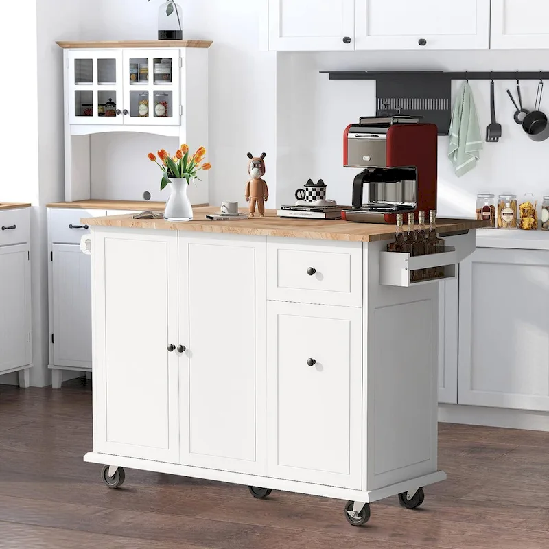 Wooden Storage Kitchen Island Cart with Drop Leaf and Lockable Wheels