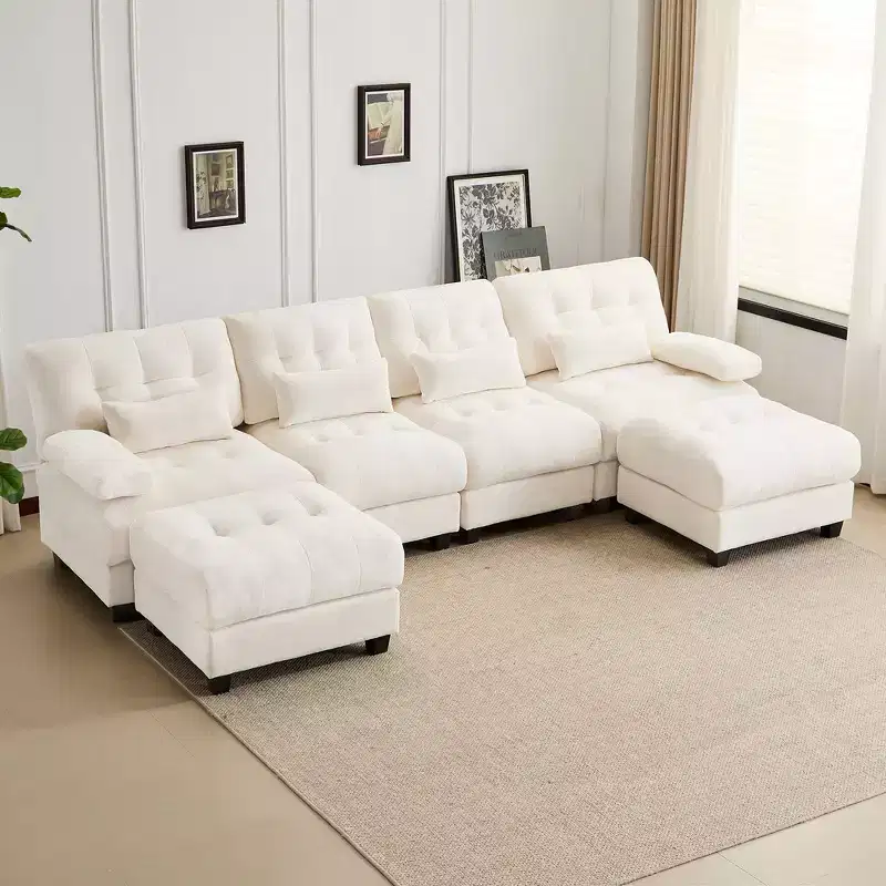 Whisen 119 4-Seater Chenille Sofa, Sectional Sofa & Couch with 2 Ottomans, Adjustable Backrest, 4 Throw Pillows