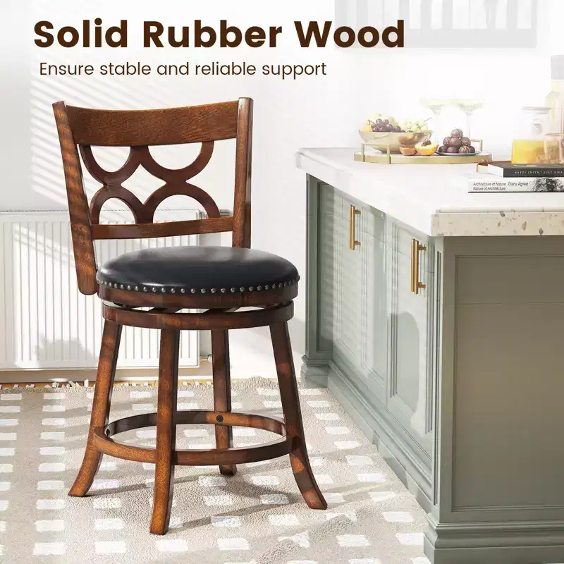 Costway 26'' Counter Height Bar Stools Set of 2 w/Rubber Wood Frame Upholstered Seat