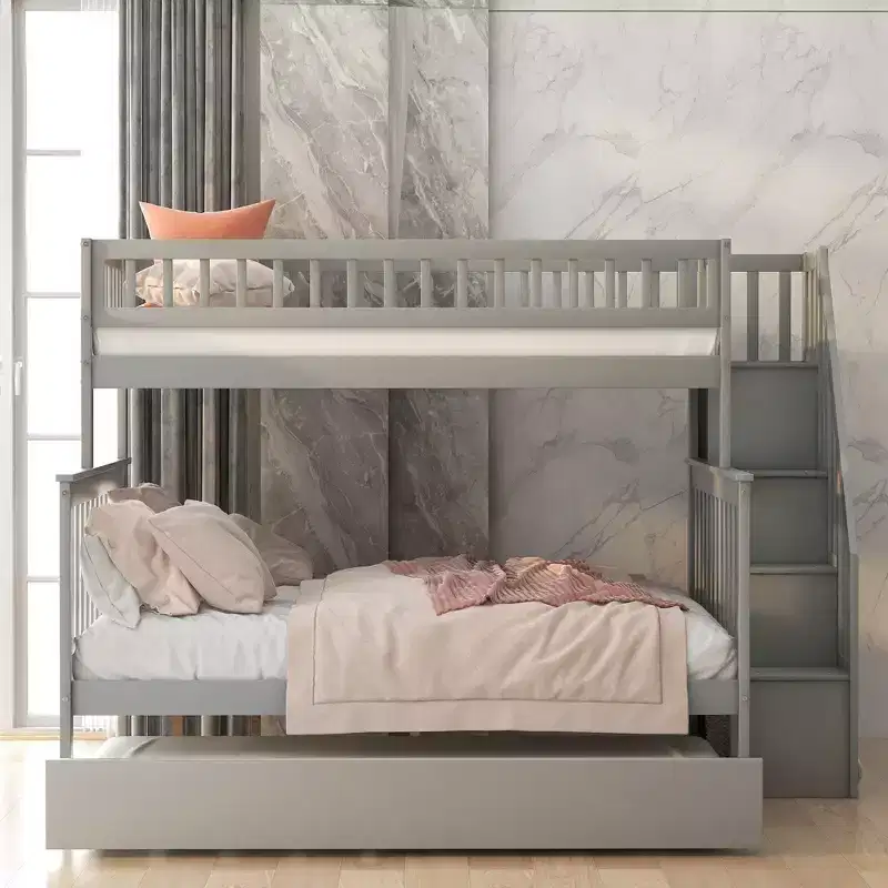Twin over Full Bunk Bed with Trundle and Storage Staircase