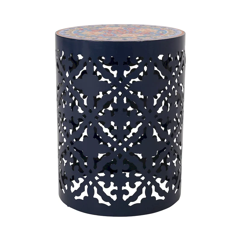 Dark Blue / White / Teal + Multi-Color Mosaic Tile Top Lace Cut Metal Accent Table, 1-Piece