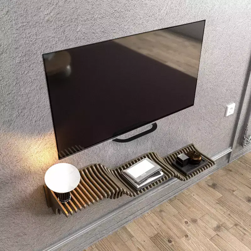 HomeStock Parametric 40 inch Floating Shelf TV Unit Modern Geometric Wooden Wall Piece Decor Natural Oak Color 3D Wavy Living and Gaming Room Shelf