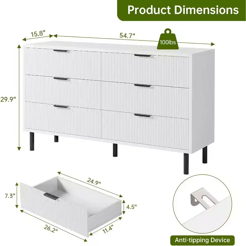COZONY 59 6 Drawer Dresser, Modern Fluted Cabinet with Metal Handles, Wooden Storage for Bedroom/Living Room