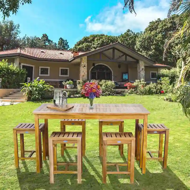Chic Teak 7 Piece Teak Wood Antigua Patio Counter Height Bistro Set with 63 Rectangular Table and 6 Stools