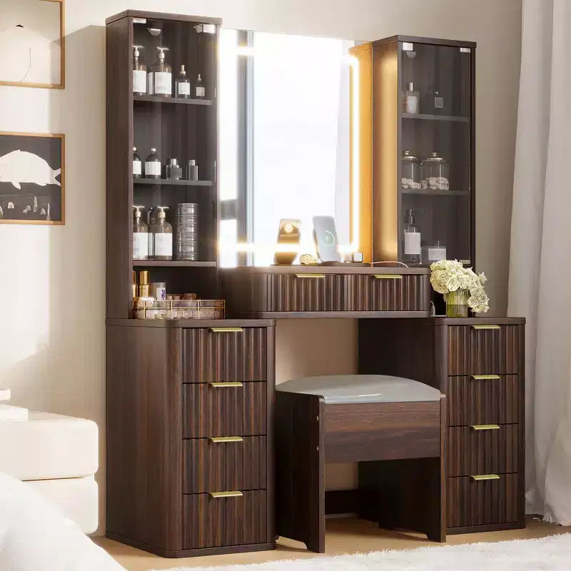 JVNOXK 43.5-inch Modern Vanity Set with Mirror and Light, Featuring Drawers and Clear Glass Cabinet, Includes Stool and Charging Station, Brown