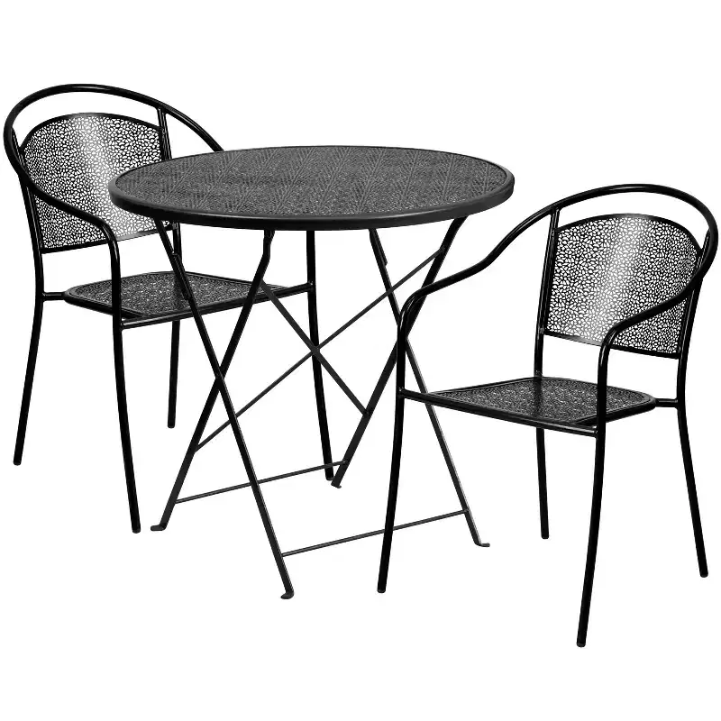 Emma and Oliver Commercial Grade 30 Round Metal Folding Patio Table Set w/ 2 Round Back Chairs